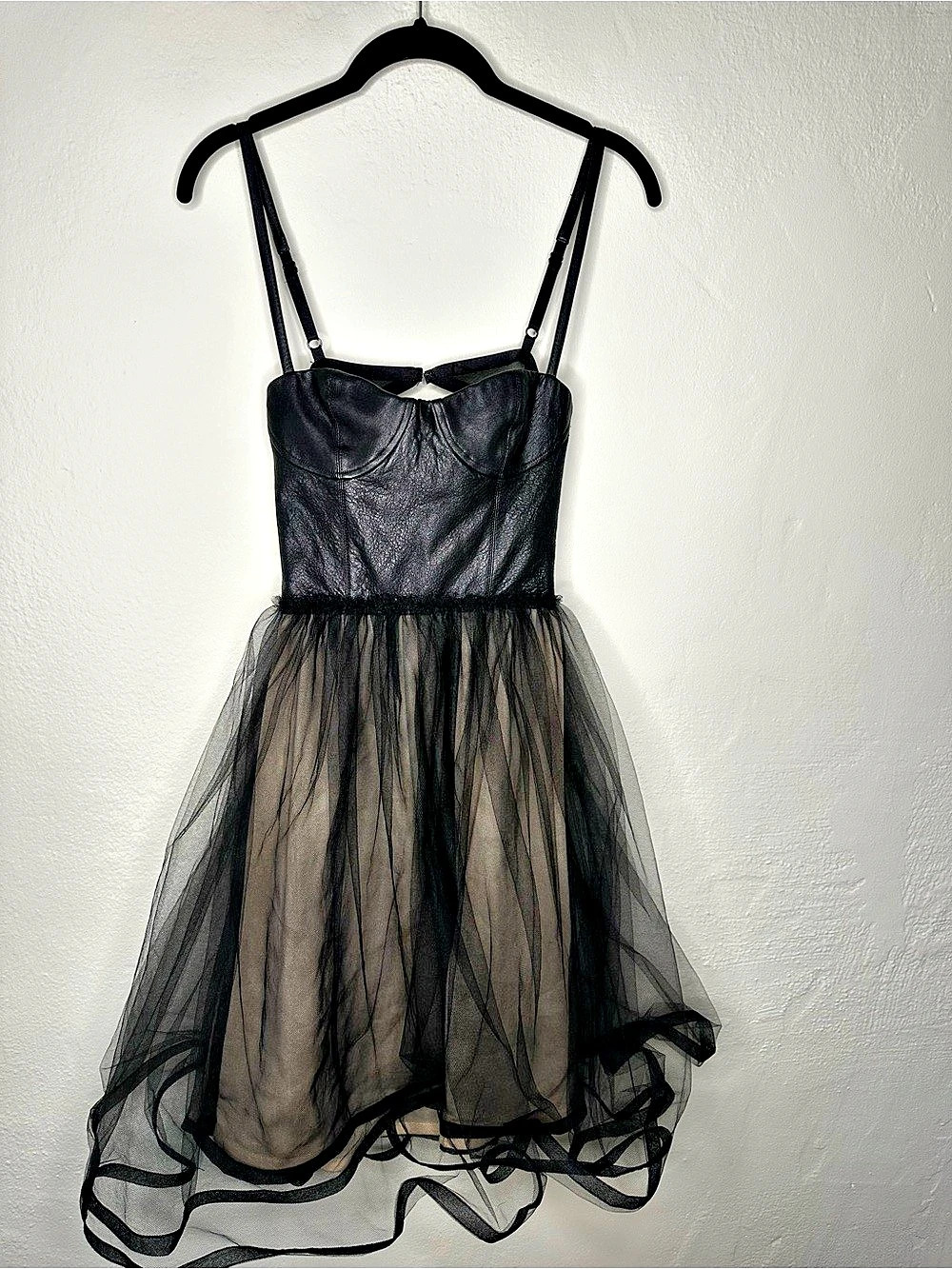 alice + olivia Black Leather Bustier Tulle Mini Dress